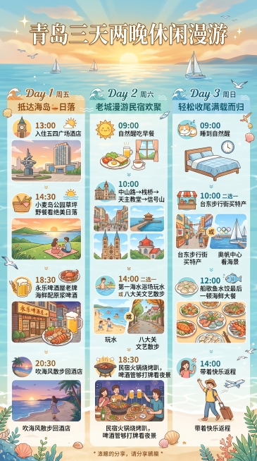 完整版青岛三天两晚休闲漫游旅行攻略图，清新海滨治愈风格，浅蓝色海面背景，搭配日落光影。完整呈现每日行程安排：Day 1周五抵达海岛日落：13:00入住五四广场酒店，14:30小麦岛公园草坪野餐看绝美日预览效果
