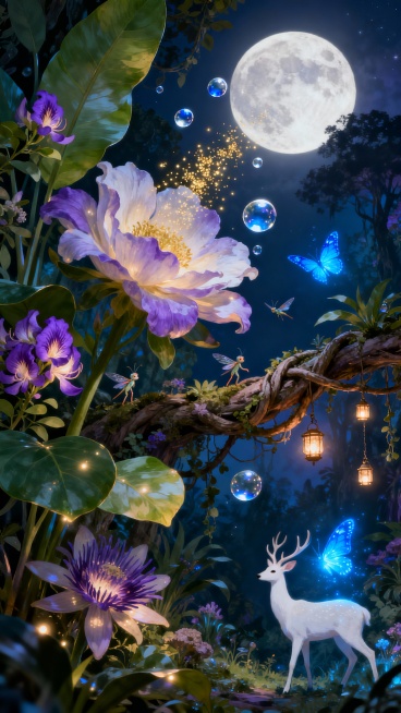 以超高清画质呈现，画面细节清晰可见，笔触细腻，色彩鲜艳且层次丰富，每个元素都精致无比，整体画面如同高精度的艺术品，清晰锐利，毫无模糊之感，巨大的花朵，梦幻丛林，茂密植物，紫荆花，各种奇异花朵，大叶植物预览效果