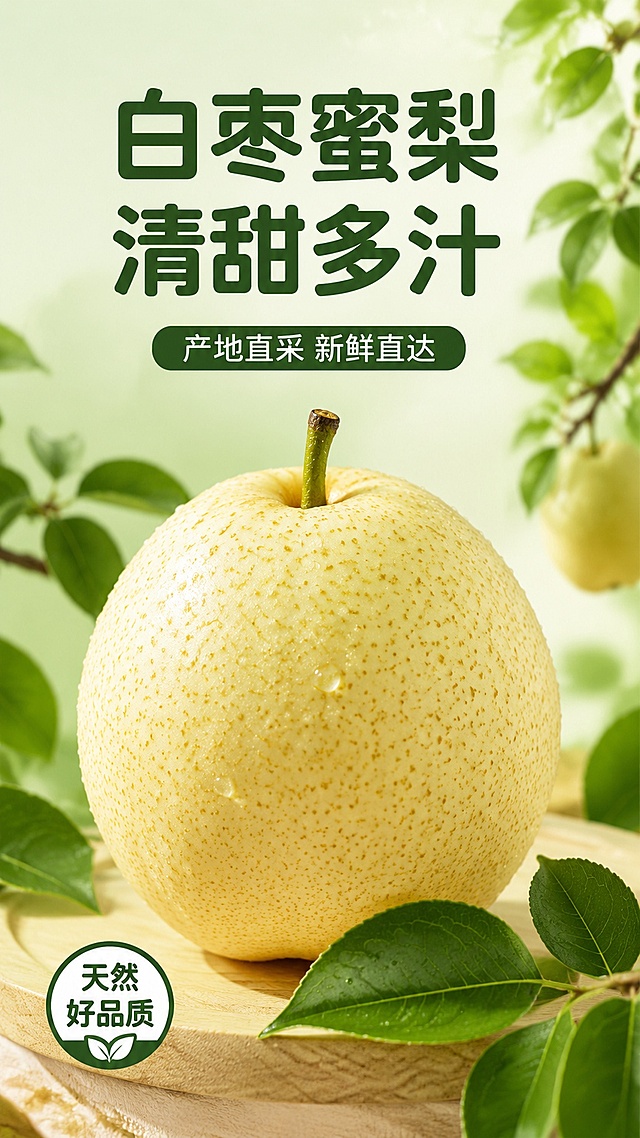 帮我生成5张白枣蜜梨的电商详情页，尺寸为9:16，卖点清晰高级能够吸引人观看，不能有违规词，转化高，主要突出梨新鲜品质好