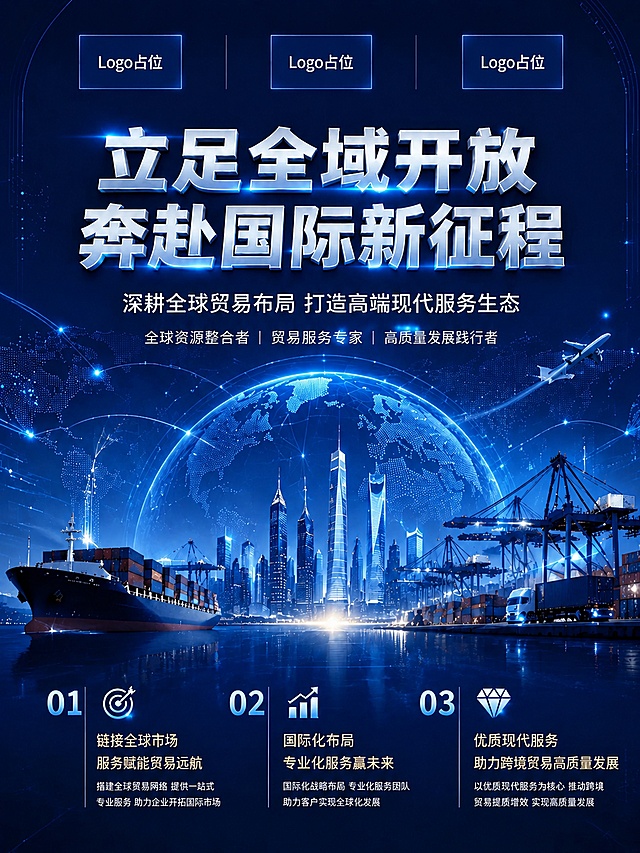 基于这张海报进行以下版式调整，保持深蓝科技风格、贸易运输元素和全球化图案不变：

1. 顶部三个图标（国际化/出口贸易/现代服务业）的位置保留，但将图标和文字替换为三个Logo占位区域，每个区域显示"Logo占位"文字，用于放置企业Logo，三个Logo占位横向等距排列在顶部
2. 完全删除底部的二维码那一行（左右二维码占位和中间标语全部移除），让底部更简洁
3. 主标题"立足全域开放 奔赴国际新征程"和副标题"深耕全球贸易布局 打造高端现代服务生态"整体向上移动，给下方的图案（地球、城市、货轮等）留出更多展示空间
4. 底部的三个序号模块（01/02/03）位置适当上移，填补底部二维码删除后的空间，保持整体布局均衡
5. 整体画面更突出中间的全球化贸易图案（地球、城市天际线、货轮、港口、飞机等）

所有文案内容保持不变，仅调整位置和版式结构。画面中所有二维码区域使用纯色方块占位符呈现，方块中央标注"二维码占位"文字。画面中所有数字必须精确渲染，不得错位、遗漏或编造。