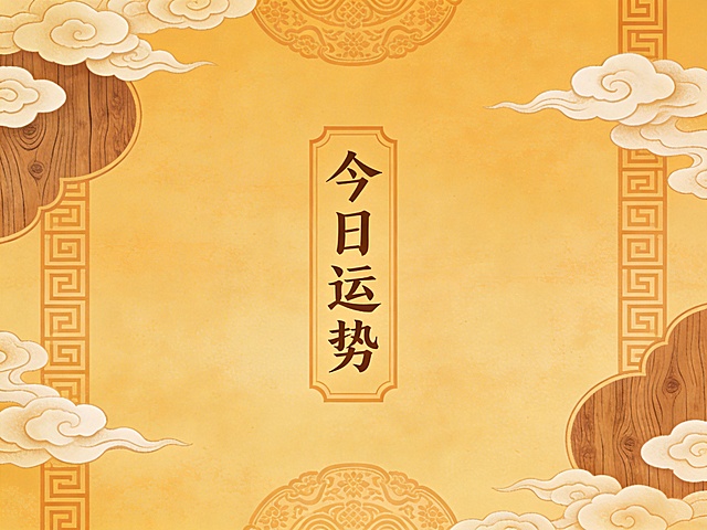 一张带有老黄历风格的今日运势背景图，整体采用传统中国风设计，暖黄色调，融入祥云、木纹、回纹等传统中式装饰元素，留白充足，适合添加文字内容