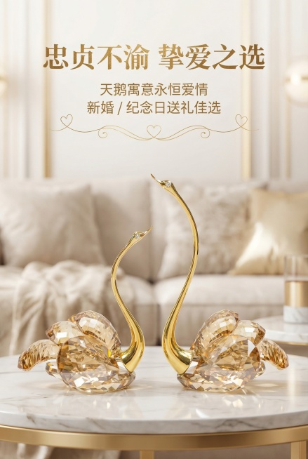 轻奢浪漫风杂志电商详情页，严格还原上传的水晶天鹅产品图，包括颜色、造型、细节等所有细节，产品尺寸比例保持1:1。页面以一对天鹅对视的唯美画面为主体，背景为轻奢家居，主标题「忠贞不渝 挚爱之选」居中置顶预览效果