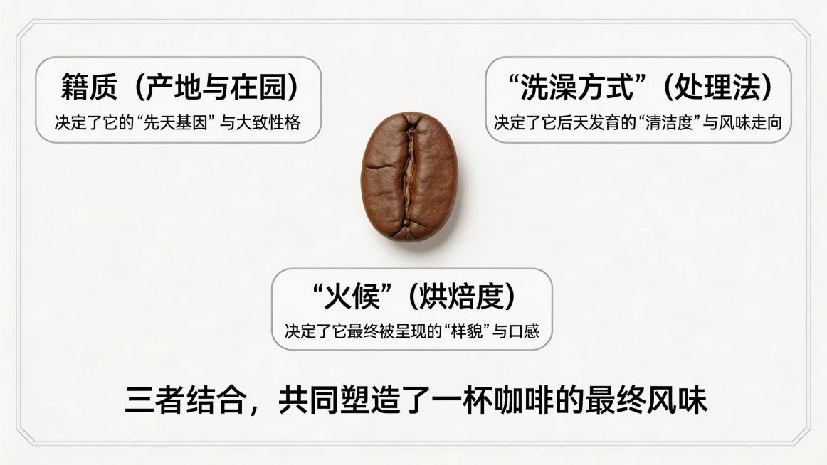 仿身份证样式的核心信息图，整体为竖版卡片风格，画面正中间放置一颗清晰的咖啡豆实物图片，咖啡豆周围均匀环绕三个圆角信息框：第一个信息框标题为“籍贯（产地与庄园）”，下方配文“决定了它的‘先天基因’与大致预览效果