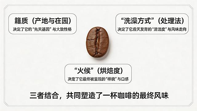 仿身份证样式的核心信息图，整体为竖版卡片风格，画面正中间放置一颗清晰的咖啡豆实物图片，咖啡豆周围均匀环绕三个圆角信息框：第一个信息框标题为“籍贯（产地与庄园）”，下方配文“决定了它的‘先天基因’与大致性格”；第二个信息框标题为“‘洗澡方式’（处理法）”，下方配文“决定了它后天发育的‘清洁度’与风味走向”；第三个信息框标题为“‘火候’（烘焙度）”，下方配文“决定了它最终被呈现的‘样貌’与口感”；图片底部有一行加粗的文字，内容为“三者结合，共同塑造了一杯咖啡的最终风味”，整体排版工整清晰，风格正式简约，信息易于阅读