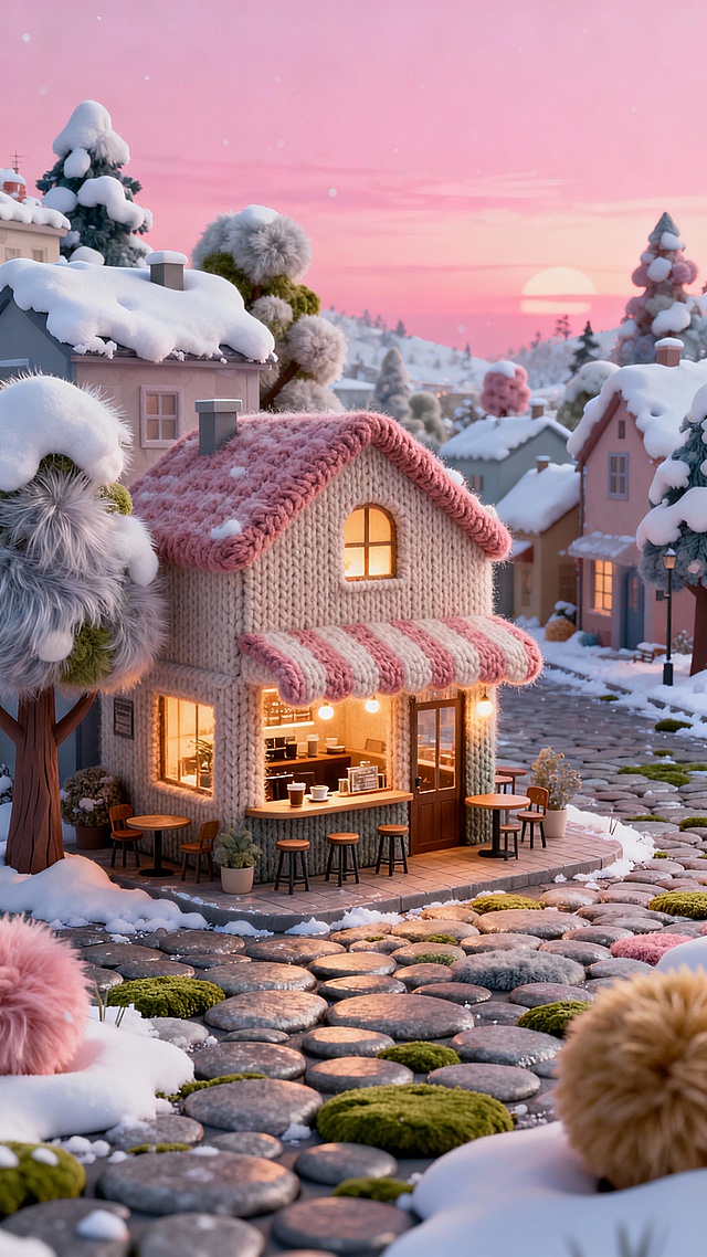 毛绒雪镇咖啡馆 传统雪景小镇被巨型绒毛植被覆盖，在一间毛线编织的咖啡馆邂逅一杯热可可