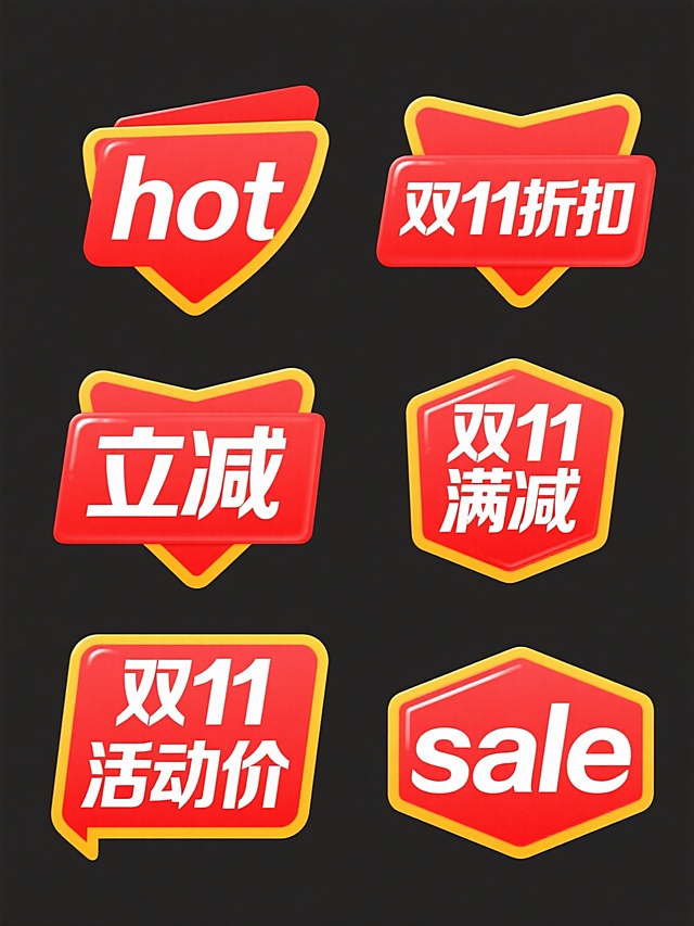 一张包含6个规整排布促销标签的设计图，每个标签均为独立的几何形状，采用与示例图中“HOT”标签一致的鲜艳红色纯色背景，边缘有醒目的黄色描边，标签内部文字为白色粗体无衬线字体，分别清晰展示“hot”、“双11折扣”、“双11立减”、“双11满减”、“双11活动价”、“sale”字样，每个标签设计风格统一，具有相同的光泽感和立体感，整体排版整齐有序，视觉层级分明，突出促销信息的醒目性和紧迫感，适合作为电商促销活动的素材使用。