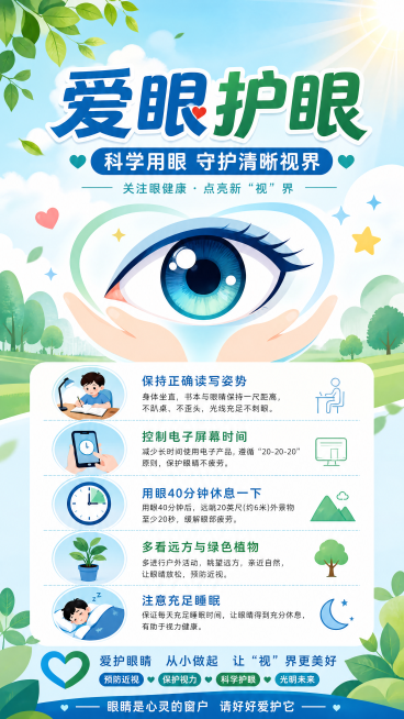 眼睛科普爱眼护眼主题海报，风格清新明亮，展示健康的眼睛图标，包含爱护双眼、科学用眼的提示文字，画面温馨积极适合公益宣传预览效果