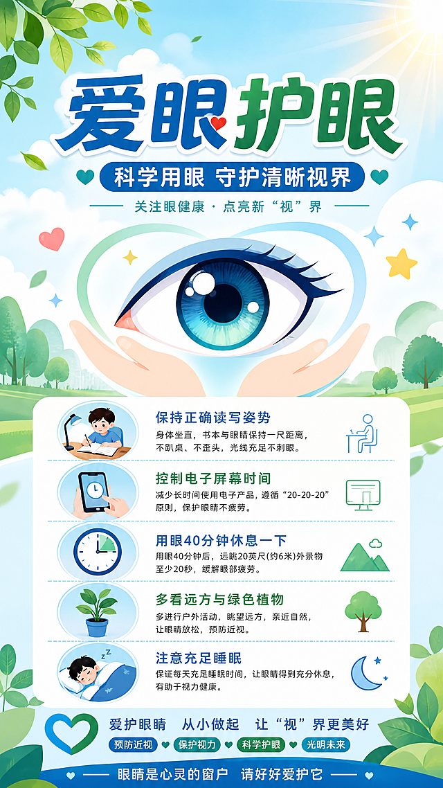 眼睛科普爱眼护眼主题海报，风格清新明亮，展示健康的眼睛图标，包含爱护双眼、科学用眼的提示文字，画面温馨积极适合公益宣传