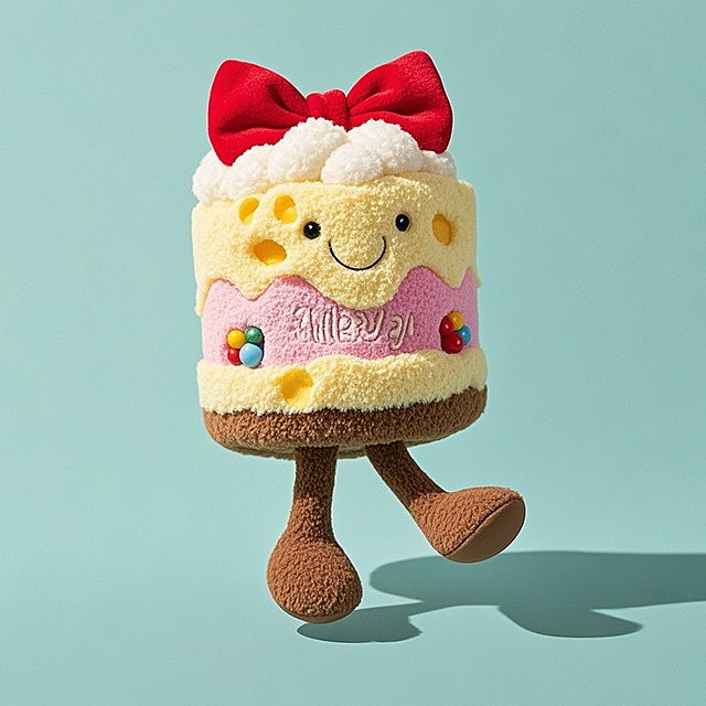 可爱卡通蛋糕拟人设计，面料质感生动，节日氛围浓厚。