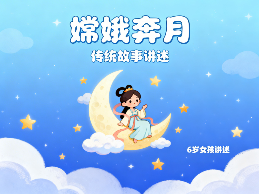 PPT封面页，浅蓝色渐变夜空背景，卡通嫦娥坐在弯月上，周围点缀星星云朵，大标题是"嫦娥奔月"，副标题是"传统故事讲述"，右下角标注"6岁女孩讲述"，标题使用圆润可爱的汉仪娃娃体，标题颜色白色，整体卡通预览效果