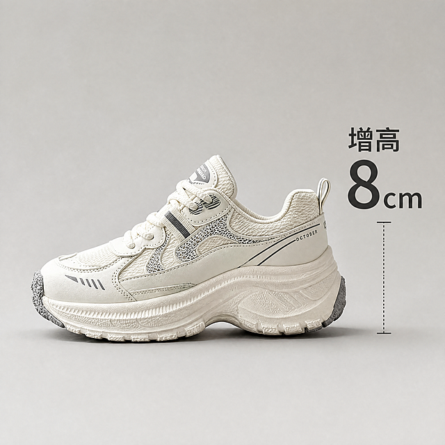 [主图-5] 网面镶钻老爹鞋厚底增高细节展示，保持鞋子外观物理结构、材质质感、米白色与原图绝对一致，杜绝变形和色差，精细化处理。[氛围风格] 产品卖点特写，清晰直观；[画质] 商业摄影质感、光线柔和通透、产品清晰真实、画面干净高级。[元素] 侧放展示鞋子完整侧面厚度，特写8厘米增高厚底结构，清晰分层展示中底和外底纹理，背景干净简约浅灰色，突出鞋底增高设计，直观展示卖点。[光影] 侧光突出鞋底分层立体感，轮廓清晰，厚度一目了然，无过度阴影。[配色] 主色调米白浅灰，保持产品原本配色，干净清晰。[视角构图] 侧面平视特写视角，完整展示鞋底高度和侧面轮廓。[文字版式] 右侧标注“增高8cm”，大号加粗数字清晰醒目，文字与产品对比突出卖点，不遮挡鞋底结构。[比例分辨率] 1:1比例，4k分辨率，文字清晰锐利，超高清。[负向提示词] 变形，水印，文字错乱，产品图模糊，背景杂乱，文字遮挡主体