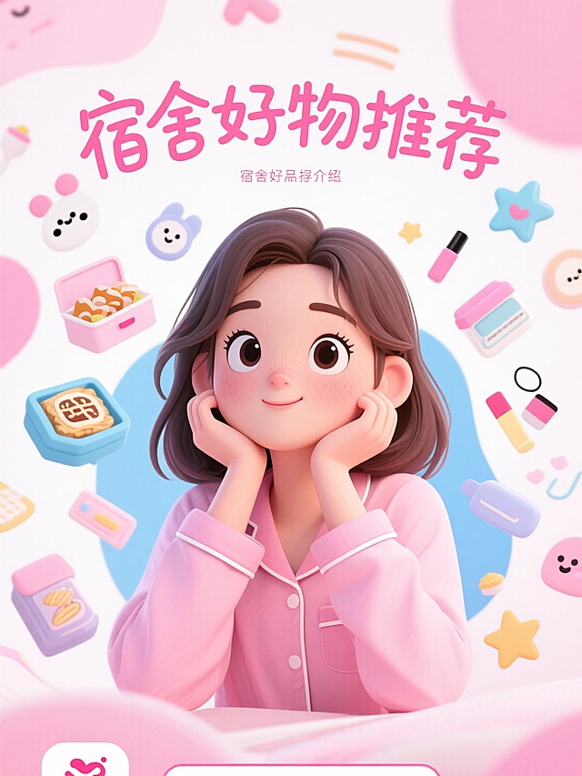 标题内容为“宿舍好物推荐”手写感字体，画面主视觉为一个卡通年轻的女性托腮思考，背景为零食，收纳盒，化妆品，星星等可爱插画元素陪衬，排版高级