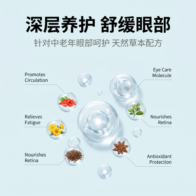 [主图-2] 视黄金中老年养护眼贴核心功效解析图。极简浅青蓝色背景，围绕深层养护主题，悬浮3D透明眼部护理分子球和天然草本植物提取物，用纤细浅灰色引线连接对应功效，营造专业科技感。商业渲染质感，超清细预览效果