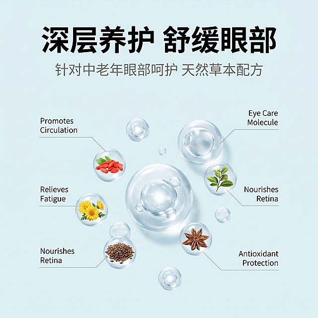 [主图-2] 视黄金中老年养护眼贴核心功效解析图。极简浅青蓝色背景，围绕深层养护主题，悬浮3D透明眼部护理分子球和天然草本植物提取物，用纤细浅灰色引线连接对应功效，营造专业科技感。商业渲染质感，超清细腻，光线通透，主色调浅青蓝搭配白色高光，文字对比清晰。居中排版，分子和植物错落悬浮。顶部大字文案"深层养护 舒缓眼部"深黑色粗体，下方分两行文字"针对中老年眼部呵护 天然草本配方"小字浅灰，画面干净不遮挡主体。保持整体风格与首图统一，1:1比例，2k分辨率。负向提示词：变形，水印，文字错乱，背景杂乱。