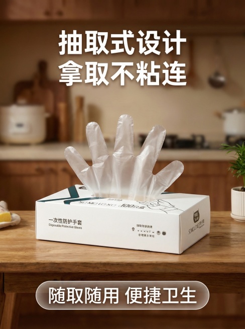 参考提供的两张一次性TPE手套详情页的温馨居家厨房风格、白色粗体大字+圆角透明标签排版逻辑，生成第6张详情页设计页：暖调木桌背景，展示抽取式手套包装盒，手套从盒中顺滑抽出的效果，上方大字“抽取式设计预览效果