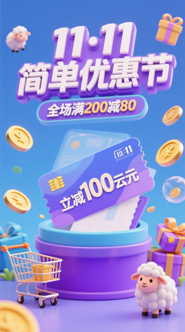 卡通3D风格，3D立体主标题“11·11 简单优惠节”位于画面上方，副标题小字“全场满200减80”，画面中心是一张卡券，卡券上写着“立减100云元，画面四周搭配、购物车、金币、小羊等元素，不要礼物元预览效果