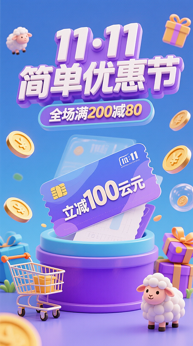 卡通3D风格，3D立体主标题“11·11 简单优惠节”位于画面上方，副标题小字“全场满200减80”，画面中心是一张卡券，卡券上写着“立减100云元，画面四周搭配、购物车、金币、小羊等元素，不要礼物元素，高饱和蓝紫配色。