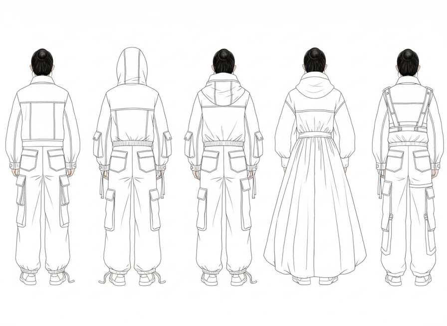 生成这五款服装的背面款式图 去掉人物 服装结构清晰预览效果