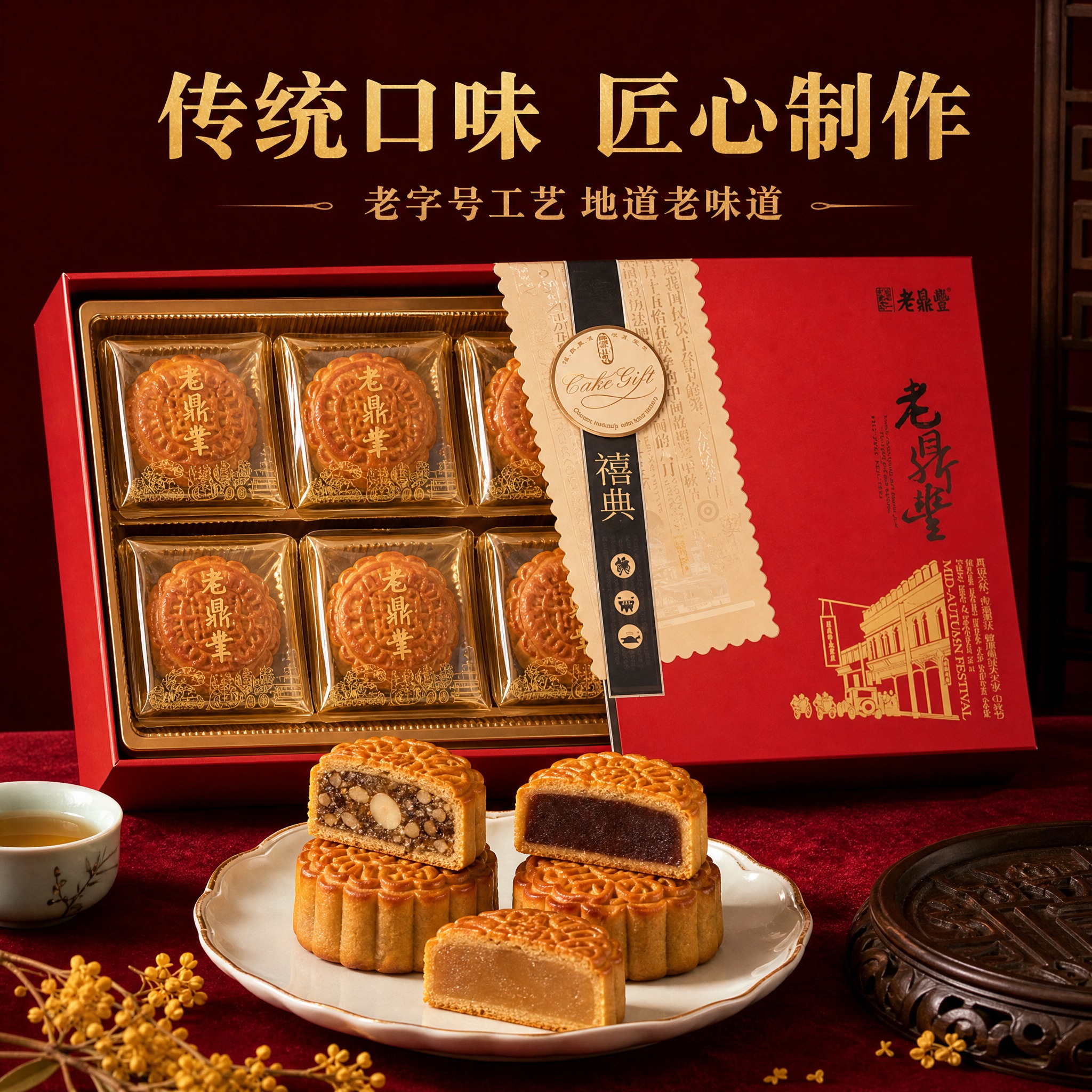 [主图-2] 老鼎丰禧典月饼礼盒卖点图，展示月饼内馅与传统工艺… - 图片创意预览