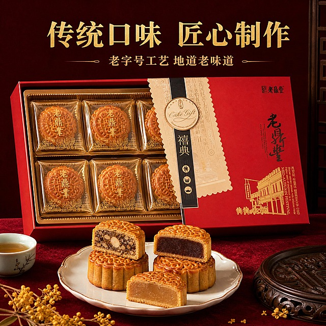 [主图-2] 老鼎丰禧典月饼礼盒卖点图，展示月饼内馅与传统工艺。
[统一基调] 国内电商中秋月饼礼盒风格，红金传统配色，典雅稳重，老字号品质感，商业摄影质感。
[画面] 老鼎丰禧典月饼礼盒打开，内部月饼整齐摆放，旁边的白瓷盘上放着2-3块切开的月饼，展示不同内馅（如五仁、枣泥、莲蓉等传统口味），切面层次丰富，油润光泽。背景为深红色绒布质感，旁边点缀干桂花和中式餐具。
[光影质感] 暖光侧射，月饼表皮金黄酥脆，内馅纹理清晰细腻，有诱人食欲感。礼盒内部衬布质感高级，阴影柔和。
[配色] 主色调红色和金色，月饼金黄棕色，背景深红。标题文字金色，说明文字深棕色。
[文字版式] 画面上方主标题"传统口味 匠心制作"金色粗体字，下方小字"老字号工艺 地道老味道"，文字在上方负空间。
[输出要求] 比例1:1，2048x2048像素，高清清晰，产品不变形，文字清晰可读，无水印，无平台Logo，无"正品保证""破碎包赔"字样。
