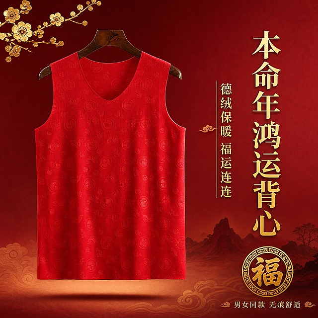 [主图-1] 本命年红色福字印花V领无袖背心 新中式喜庆高级风主图。
[统一基调] 新中式喜庆高级风格，整体以正红色和金色为主色调，搭配深酒红渐变背景，营造本命年鸿运当头的喜庆氛围，字体采用端庄大气的宋体风格，金色烫金质感，整体画面高级有质感，不低俗。
[画面] 产品为本命年大红色V领无袖背心，衣身布满暗纹压花的圆形福字和祥云图案，男女同款。背心正面完整展示，挂在深棕色实木衣架上，位于画面中央偏左，占画面约55%比例。右侧留出负空间。背景为新中式风格：深红色渐变背景，底部有淡淡的金色祥云纹理和水墨山水剪影，左上角点缀一枝金色梅花枝桠，右下角有一个金色圆形印章样式的装饰，内有"福"字。背心下方有柔和的投影，呈现悬浮展示效果，面料呈现柔软亲肤的德绒质感，表面有细腻的光泽。
[光影质感] 商业摄影棚拍质感，主光从左上方45度打下，在背心右侧形成自然的明暗过渡，突出面料的肌理和福字压纹的立体感，整体光线柔和均匀，红色纯正饱满，金色点缀有金属光泽。
[配色] 主色：正红色、深酒红色；点缀色：烫金色、浅金色；背景：深红渐变。整体色调喜庆而不艳俗，高级感十足。
[文字版式] 画面右侧竖排或横排排版，主标题大字"本命年鸿运背心"，金色烫金宋体，下方小字副标题"德绒保暖 福运连连"，字体稍小，同样金色。底部有"男女同款 无痕舒适"小字说明。文字放在右侧负空间，不遮挡产品主体，文字清晰锐利。
[输出要求] 1:1正方形比例，2K高清画质，产品清晰锐利，颜色纯正，文字清晰可读，无变形，无错字，无水印，无平台Logo，无多余杂物。