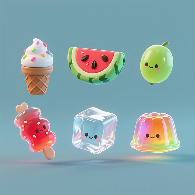6个Q版图标（元素独立区域）：果冻、糖油果子、冰淇淋、西瓜、青提、冰块
