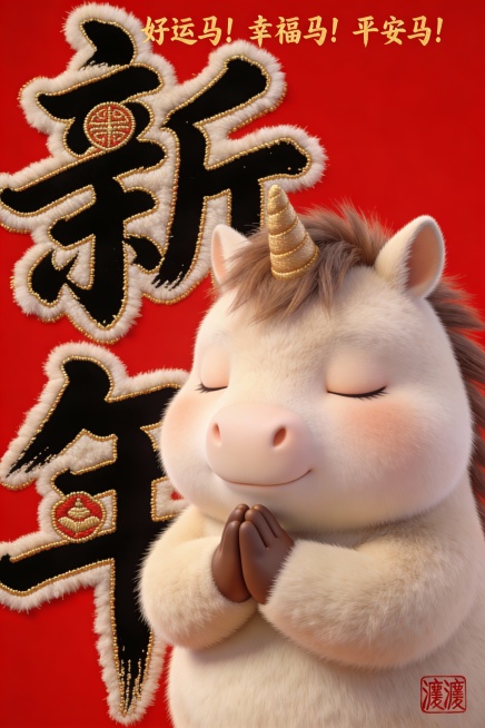 红色背景，“新年”苍劲有力的行书风格，真实笔触质感，效果丰富，字体笔画包含新年的图案，绒毛镶边与金线绣花相结合色彩结合完美填充，极繁主义 ，颜色鲜艳，3D效果，纵向排列，右下角有个极小的红色印章“溏溏预览效果