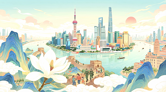 参考现有浦东陆家嘴国潮插画，自然融入长城景观元素，呈现军民团结一家亲、军民鱼水情的时代风貌，展现城市发展与红色传承融合的主题，国潮插画风格，16:9横版，明亮和谐色调，不同构图角度