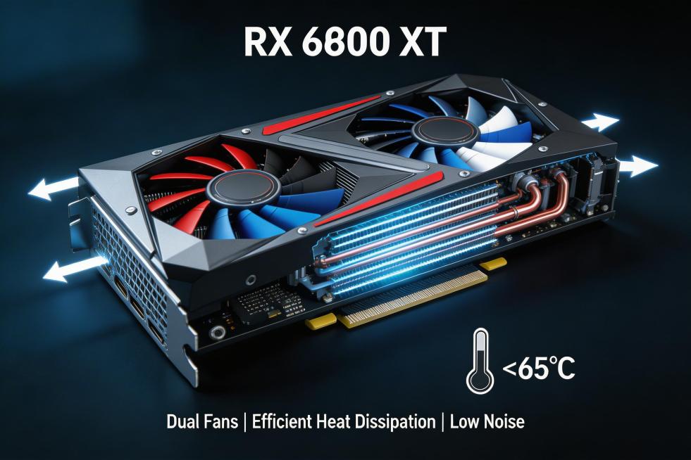Close-up of RX 6600 XT graphics card radiator with air duct schematic, black and red color scheme, t预览效果