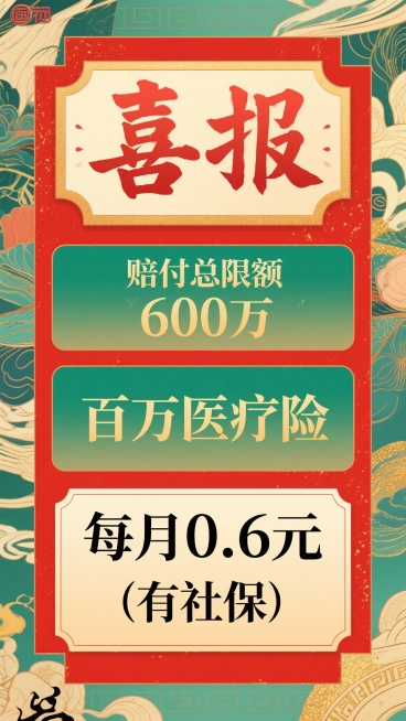 修改主标题"600万"色彩对比
生成十张中国传统节日喜庆风格宣传海报，最上方用书法大字写着“喜报”，占比约图片1/3，中间文字写着“赔付总限额600万”、“百万医疗险”、下方“每月0.6元（有社保）”预览效果