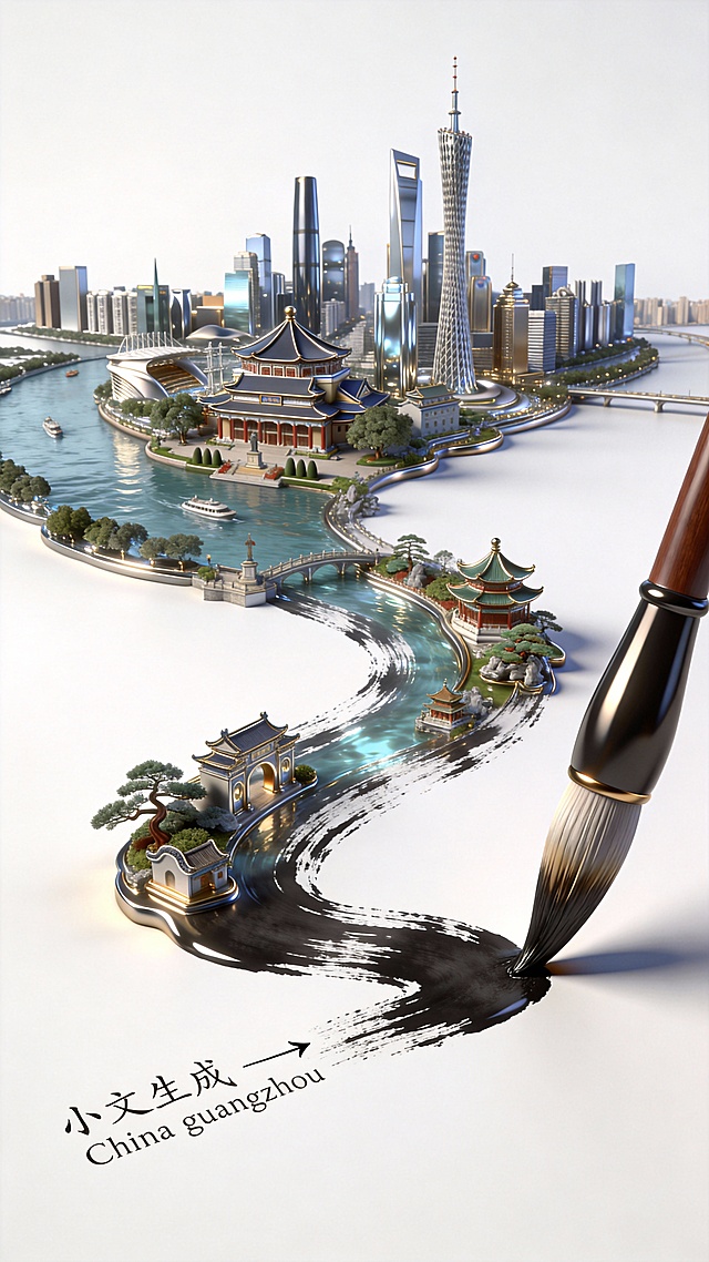 水墨风与3D风交融，毛笔挥洒出广州城景，国潮风韵中融入现代都市天际线，虚拟现实感十足，展现中式美学与科技感的梦幻结合。