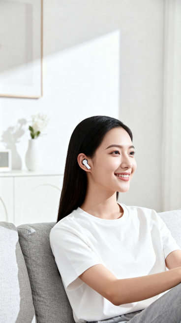 蓝牙耳机佩戴舒适度展示图，生活化日常场景，人物佩戴半入耳式蓝牙耳机，风格干净高级，重点强调轻量化设计、久戴不痛的佩戴体验预览效果