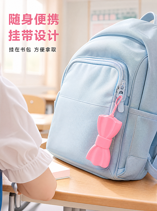 [第4屏] 场景展示-粉色蝴蝶结硅胶收纳包挂在小女孩书包上使用效果。
[氛围/风格] 真实校园生活场景，甜美可爱风格，自然生动商业摄影质感。
[元素布局] 粉色蝴蝶结硅胶收纳包通过挂绳挂在小女孩双肩书包的拉链上，展示日常随身携带效果，书包放在干净教室桌面上。保持蝴蝶结收纳包造型、粉色颜色、硅胶材质与输入产品图完全一致，不改变产品外观和质感。产品位于画面右侧视觉中心，书包和桌面背景衬托，主体产品占画面约60%。
[光影质感] 教室自然光从左侧照射，光影自然柔和，产品清晰真实，呈现生动使用场景。
[配色色系] 全局浅暖色调，背景教室浅木色桌面，书包淡蓝色，浅粉色产品，深粉色标题文字，整体活泼甜美。
[视角构图] 平视角度，产品挂在书包上自然展示，景深适中，背景教室虚化突出主体产品。
[文字版式] 左上区域主标题写"随身便携 挂带设计"，深粉色粗体；副标题写"挂在书包 方便拿取"，黑色小字。文字不遮挡产品主体。
[比例分辨率] 3:4 竖版比例，4K分辨率，文字清晰可辨，超高清。
[负向提示词] 变形，水印，文字错乱，颜色偏差，产品图模糊，背景杂乱