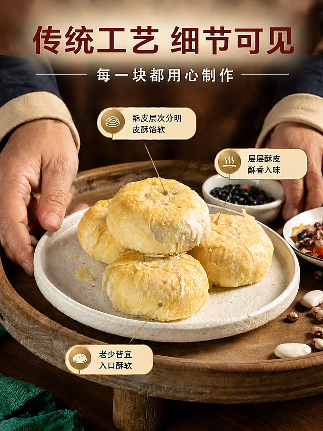 基于参考图进行图生图修改，保留原图的版式骨架、构图、暖调烘焙氛围、人物手部动作、木盘与酥饼主体、豆子配料等全部场景元素，仅做以下修改：1）将画面中所有字体统一更换为免费商用字体风格（类似思源黑体/站酷免费字族的端正清晰宋体与黑体风格，严禁使用任何需要商业授权的收费字体）；2）主标题文字由“匠心工艺 细节可见”改为“传统工艺 细节可见”；3）上方卖点标签文字由“酥皮层次分明 手工起酥”改为“酥皮层次分明 皮酥馅软”；4）右侧卖点标签文字由“色泽金黄 烘焙均匀”改为“层层酥皮 酥香入味”；5）下方卖点标签文字由“形态饱满 用料扎实”改为“老少皆宜 入口酥软”；6）副标题“每一块都用心制作”保留不变；7）所有标签框、引线、小图标样式保留，文字排版位置与层级关系保持与原图一致，字号大小、字重关系保持协调；8）酥饼产品外形、材质质感、颜色、摆放位置与原图保持一致，背景光影氛围保持原图暖调手作烘焙感；9）画面中所有文字必须清晰可读，不得有错字、漏字。画面中必须完整呈现以下文字信息：主标题“传统工艺 细节可见”，副标题“每一块都用心制作”，上方卖点“酥皮层次分明 / 皮酥馅软”，右侧卖点“层层酥皮 / 酥香入味”，下方卖点“老少皆宜 / 入口酥软”。