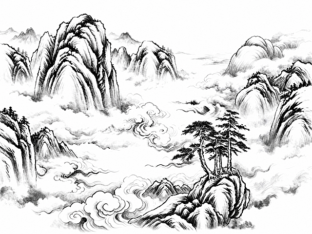 将参考图的底色改为纯白色背景，保留完整的水墨山水图案：左侧高耸山峰、云海云雾、迎客松等所有水墨细节保持不变，墨色层次清晰，只把原来的米白/宣纸底色替换为纯净的纯白色，画面干净通透，高清印刷品质，无任何杂色和纹理