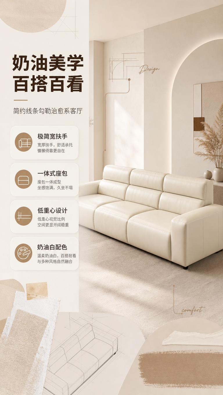 [商品] 使用【图1】米白色皮质三人位功能沙发；保留三座结构、… - 图片创意预览