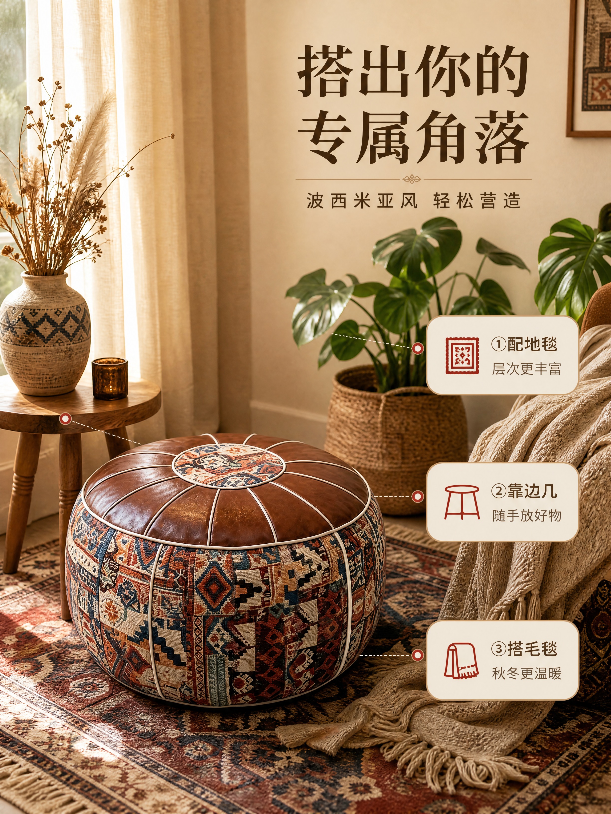 [商品] 使用【图1】民族风拼布皮质坐墩；保留圆形轮廓、棕色真… - 图片创意预览