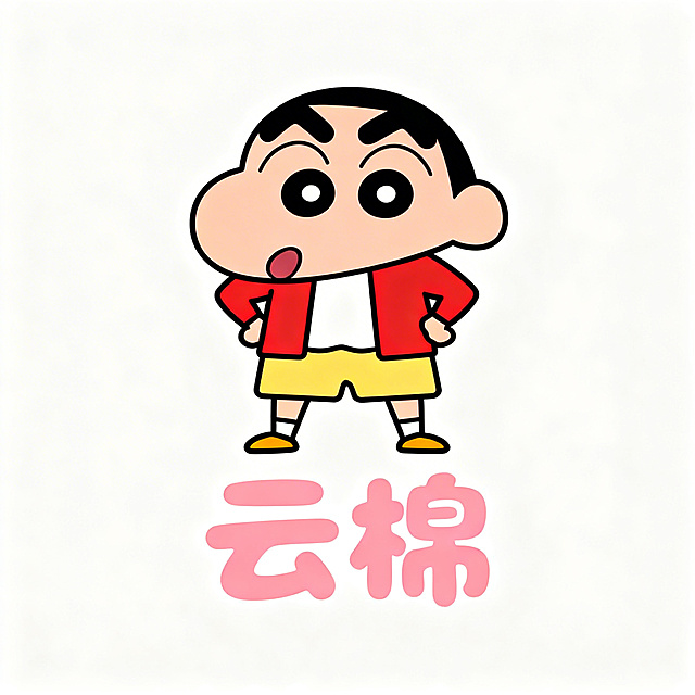 童装品牌logo设计，主体是卡通人物蜡笔小新，包含品牌名称"云棉"，风格可爱童趣，适合儿童品牌，简洁清晰，适合作为logo使用