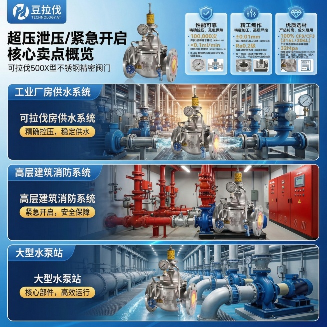 生成淘宝详情页场景应用图，展示可拉伐500X持压泄压阀在工业厂房供水系统、高层建筑消防系统、大型水泵站三个场景中的安装使用效果，突出产品在实际工况中的重要作用，画面真实有氛围感，色调统一，体现产品的实预览效果
