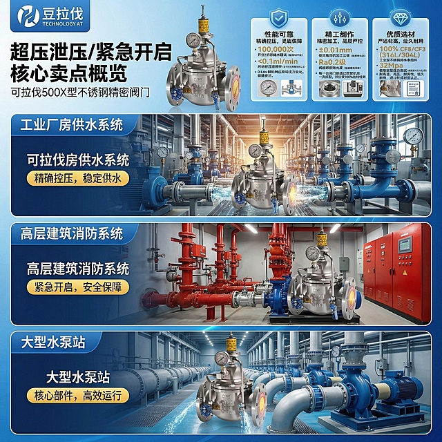 生成淘宝详情页场景应用图，展示可拉伐500X持压泄压阀在工业厂房供水系统、高层建筑消防系统、大型水泵站三个场景中的安装使用效果，突出产品在实际工况中的重要作用，画面真实有氛围感，色调统一，体现产品的实用性