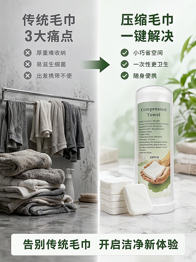[第2张] 详情页痛点对比-传统毛巾vs压缩毛巾痛点解决图。本张使用【图1】作为产品主体（右侧解决方）。
[氛围/风格] 清新洁净风，左右对比版式，痛点克制表达，结果导向
[元素布局] 画面左右分栏对比，左侧为痛点区：灰色调处理，展示传统毛巾厚重堆叠、潮湿发霉、占用空间大的浴室场景，毛巾杂乱挂在毛巾架上，有暗沉阴影；右侧为解决区：明亮白绿色调，白色大理石台面上放着一桶压缩毛巾，旁边整齐摆放几颗压缩方巾，整洁清爽。中间用一道渐变分割线隔开，上方有箭头从左指向右。保持压缩毛巾桶外观与输入产品图一致。
[光影质感] 左侧偏暗冷光营造痛点氛围，右侧明亮柔光呈现解决后状态，中间过渡自然，整体对比鲜明但不夸张
[配色色系] 全局底色左右分区，左 #E8E8E8 灰调，右 #F5FAF7 浅白绿；主色对比色灰vs白绿；辅助色深灰标题+深绿标题
[视角构图] 左右对称构图，平视角度，阅读动线左痛点→中间箭头→右解决方案
[文字版式] 左侧顶部灰色大字「传统毛巾 3大痛点」，下方三行灰色小字配叉号图标：「厚重难收纳」「易滋生细菌」「出差携带不便」；右侧顶部深绿色大字「压缩毛巾 一键解决」，下方三行深绿色小字配对勾图标：「小巧省空间」「一次性更卫生」「随身便携」；底部通栏白色卡片写「告别传统毛巾 开启洁净新体验」，深绿色粗体
[比例分辨率] 3:4 竖版比例，4K 分辨率，文字清晰可辨，高清画质
[负向提示词] 变形，水印，文字错乱，文字过小，缺件错件，结构错误，颜色偏差，包装文字错乱，产品图模糊，背景杂乱，恶心污渍