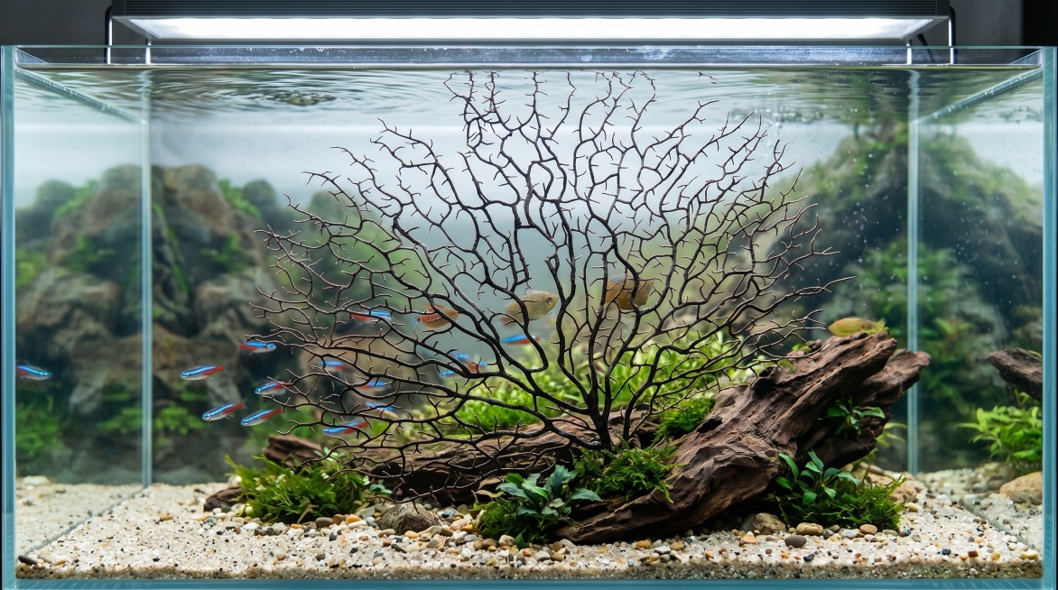 扇形干海仿真珊瑚枝作为鱼缸造景装饰，放在清澈鱼缸里，保留参考图中珊瑚枝的主体特征和纹理结构，超清画质，细节丰富，真实自然水族场景预览效果