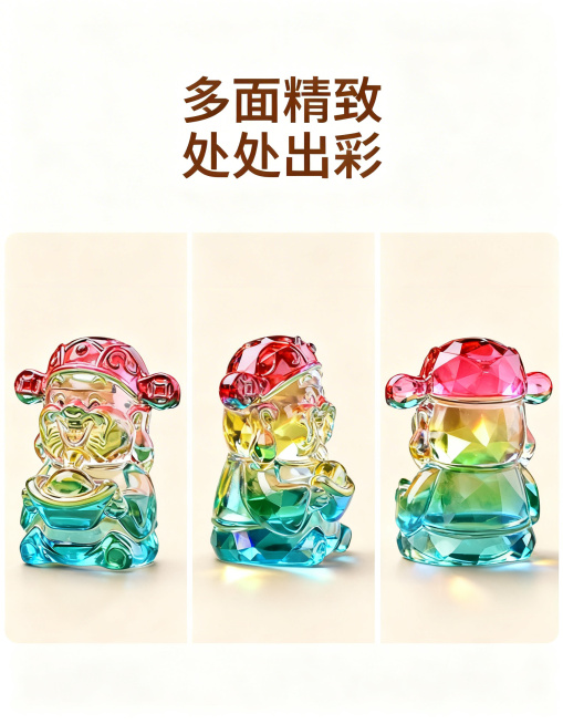 彩色大财神水晶摆件多角度全貌图，背景为纯净浅米色，三宫格布局，分别展示摆件的正面、侧面、背面实拍图，每个角度都呈现不同光线照射下的水晶光影折射效果，质感通透。顶部居中悬浮文字“多面精致 处处出彩”，字预览效果