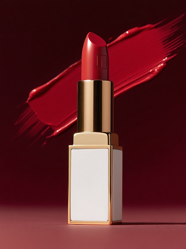 暗红色背景，产品后方搭配大面积口红涂抹痕迹，柔美的流体，侧上方硬光打亮，凸显金属高光、膏体色泽