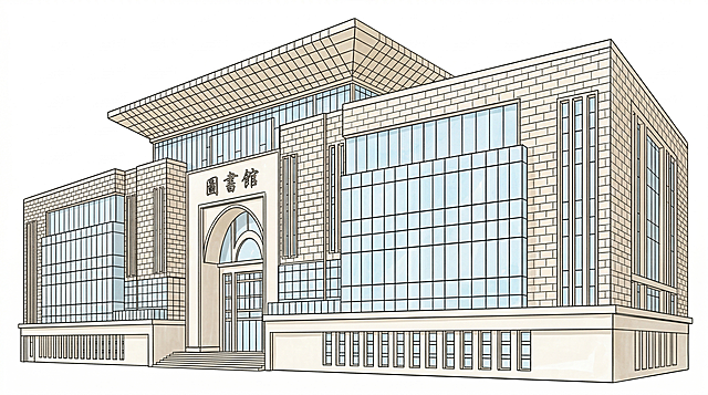 参考第一张图的仰视斜侧视角，将第二张图的图书馆建筑转换为相同视角，保证建筑结构完整不缺失，采用和第一张图一致的浅米色+浅蓝色的手绘线稿上色风格，高清画质
