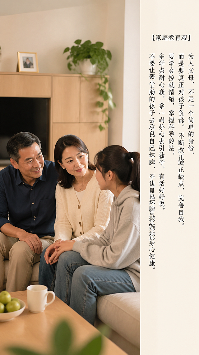 温馨写实的室内家庭摄影图，画面中仅有一对中年中国父母和一个中国大学生女孩：父亲穿着简约的深蓝色棉质衬衫，母亲穿着米白色针织开衫，女孩穿着休闲的浅灰色卫衣，三人围坐在浅米色布艺沙发上，父母正温柔地看向女孩，女孩微微前倾身体认真倾听，氛围温暖治愈。场景设定在采光良好的现代简约客厅，背景是浅原木色电视柜和一盆清新的绿萝，采用50mm f/1.8定焦镜头拍摄，暖柔的自然光结合桌面柔光箱补光，整体色调柔和舒适。在画面右侧边缘以清晰工整的宋体中文展示以下内容："【家庭教育观】为人父母，不是一个简单的身份，而是要真正对孩子负责。父母首先就要从自身做起，不断改正缺点，完善自我。要学会控制情绪，掌握科学的方法，多一点耐心去引导孩子，有话好好说，不要让弱小无助的孩子去承受自己的坏脾气，影响她的身心健康。"确保文字书写正确、清晰易读，与画面风格和谐融合。