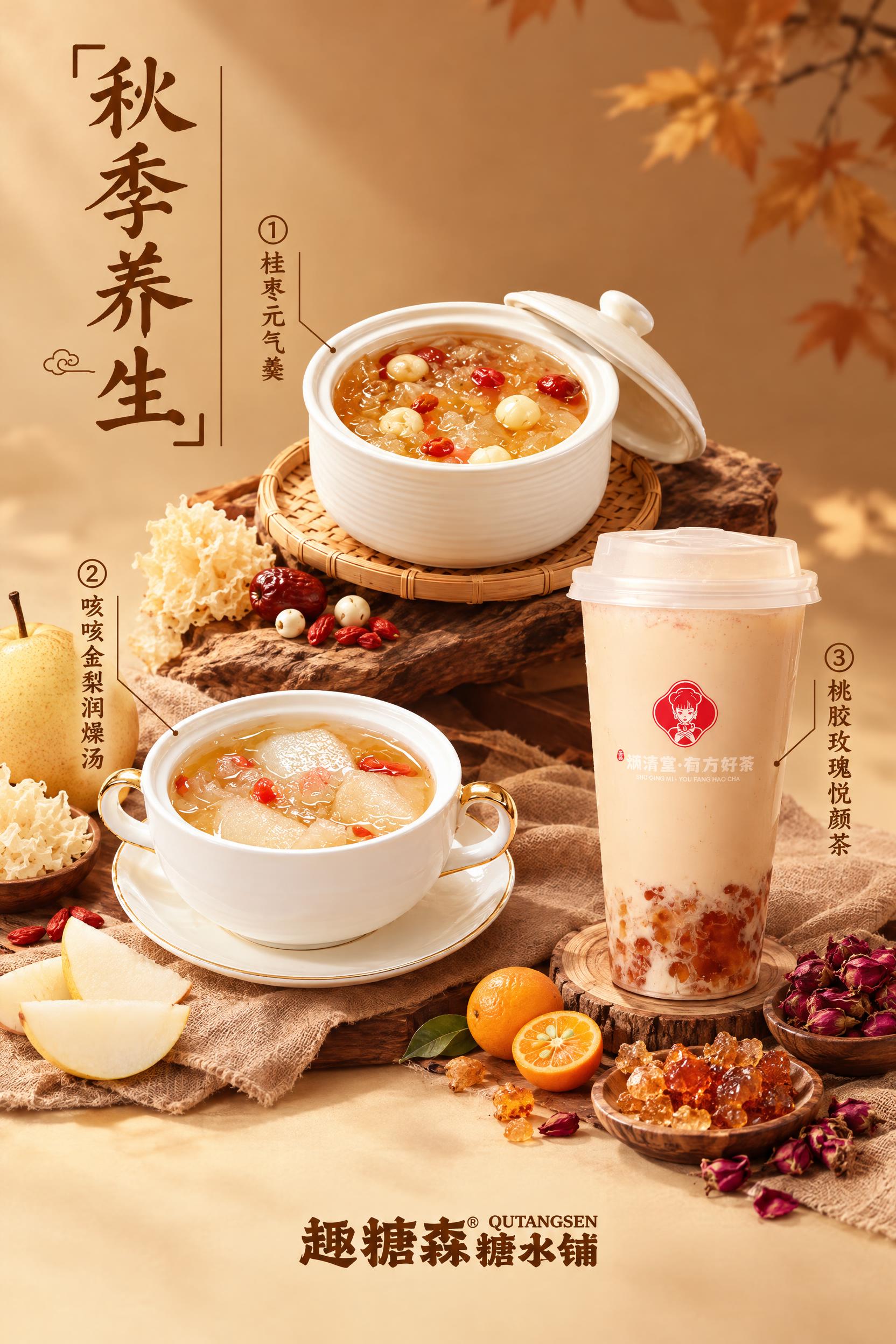 参考第一张图的新中式糖水铺海报风格，制作一张秋季养生饮品海报，… - 图片创意预览