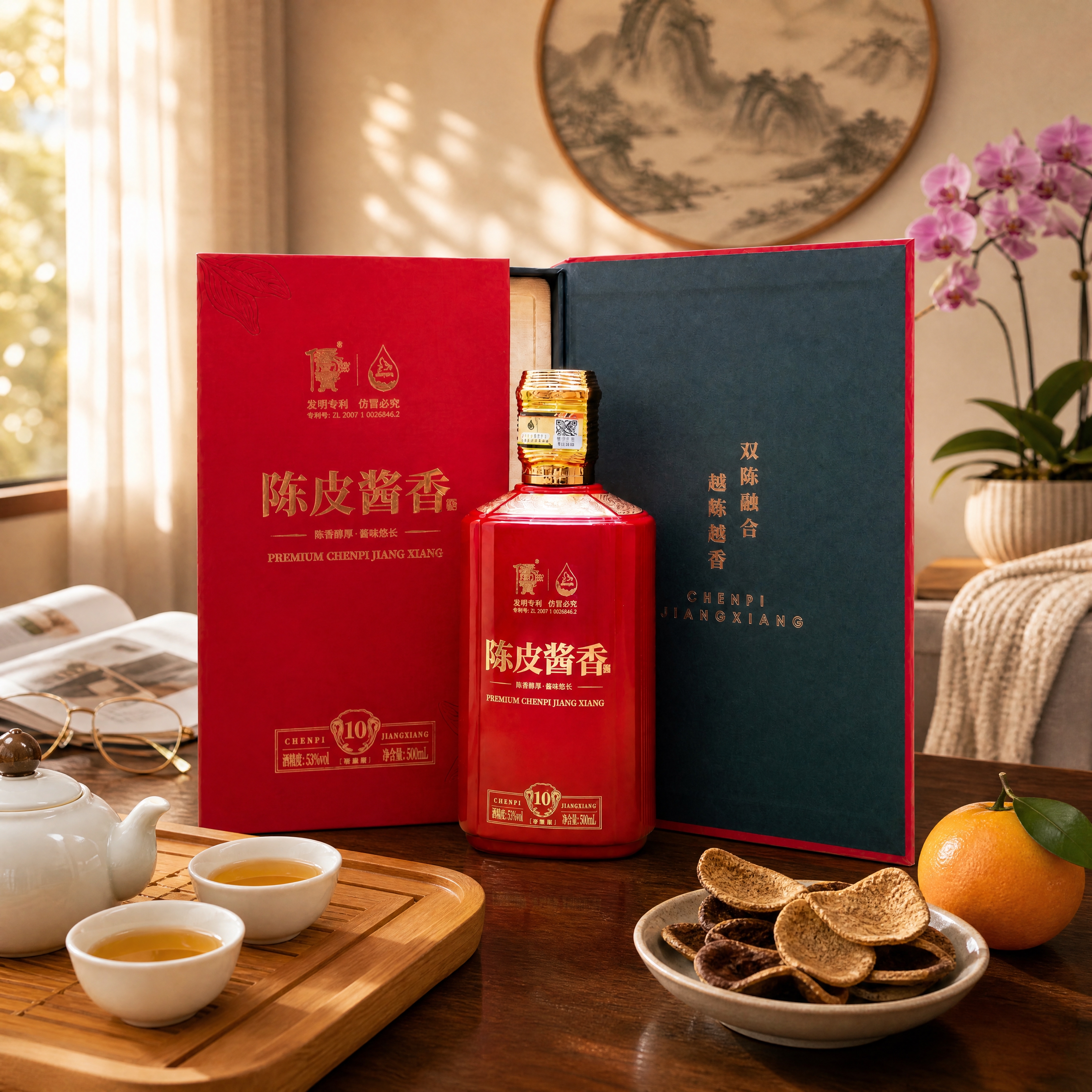 超写实中式客厅茶歇场景产品摄影。 主体：陈皮酱香白酒（含书本式… - 图片创意预览