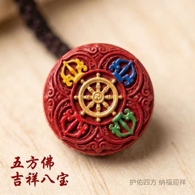 [主图-2] 五方佛吉祥八宝配饰细节展示图
[氛围风格] 怀旧国风细节特写，质感高级
[画质] 微距商业摄影，细节清晰锐利，色彩还原真实
[元素] 保持五方佛/吉祥八宝彩绘配饰的外观、色彩、雕刻细节与预览效果