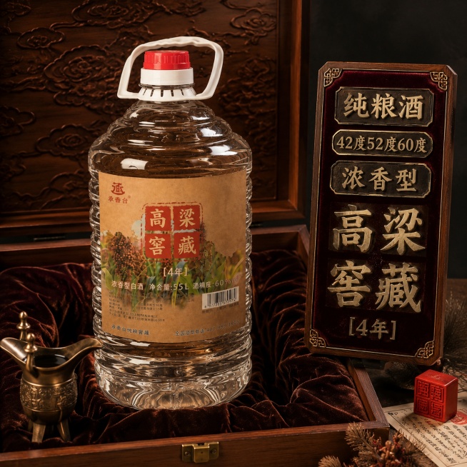 商业级产品摄影。主体：桶装白酒严格参照上传产品图，完整保留所有组件与文字信息。产品占画面65%，近景构图，视觉核心。卖点文字以立体篆刻木牌+丝绒底衬组合呈现，置于右侧独立展架，突出文化厚重感。风格：中预览效果